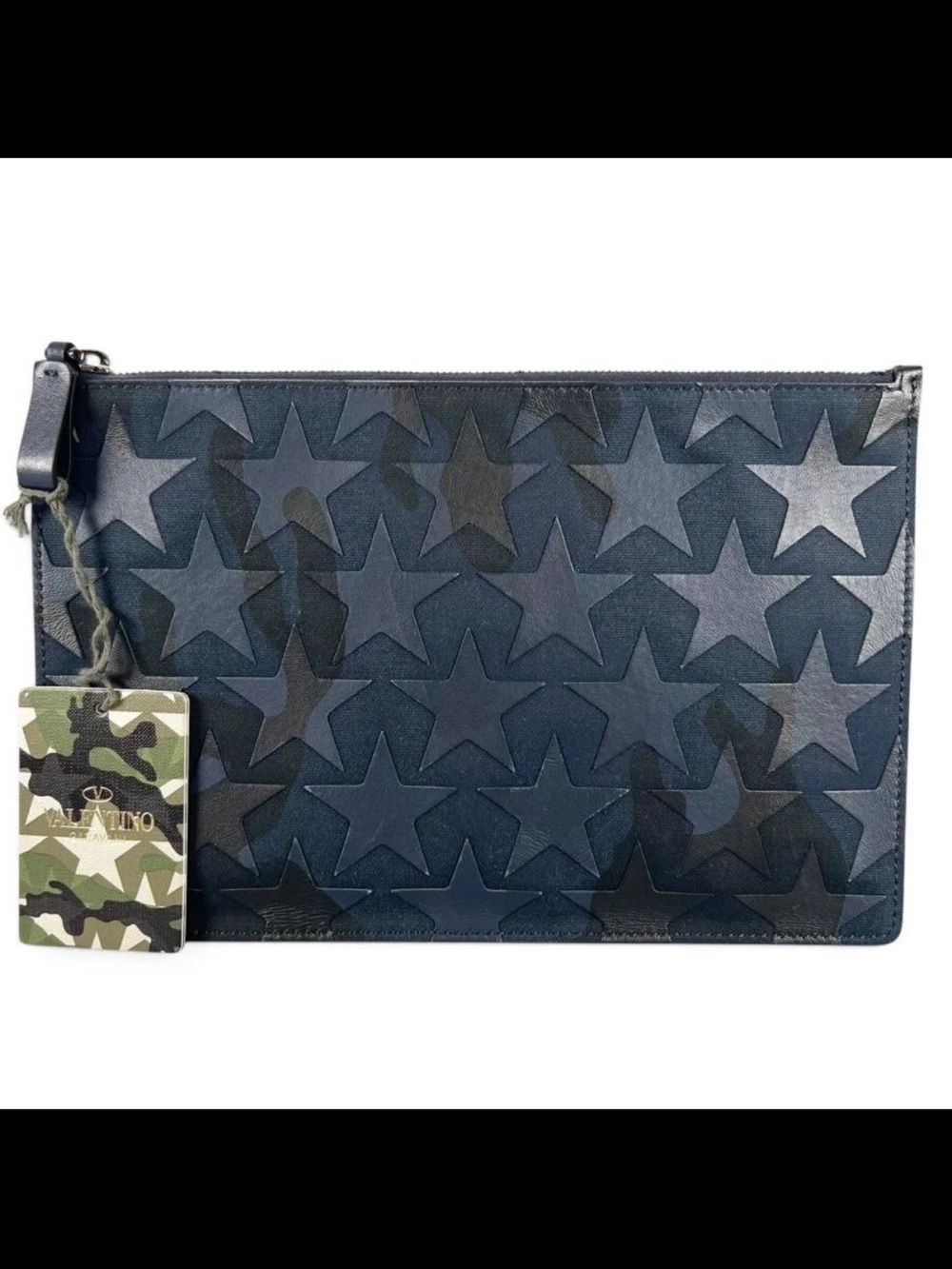Valentino Garavani Navy Star-Embossed Leather Clutch with Camouflage Tag